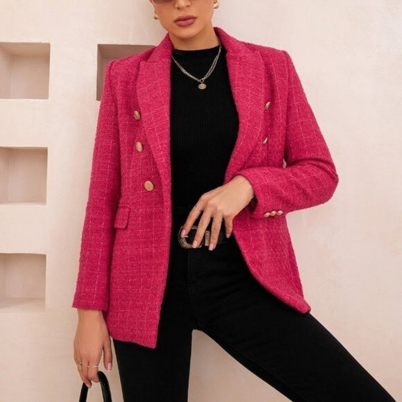 Pink Preppy Womens Lapel Collar Double Breasted Blazer Workwear - Picture 1 of 5